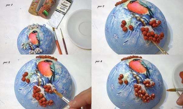 Декорируем шарик "Снегирь и рябина"