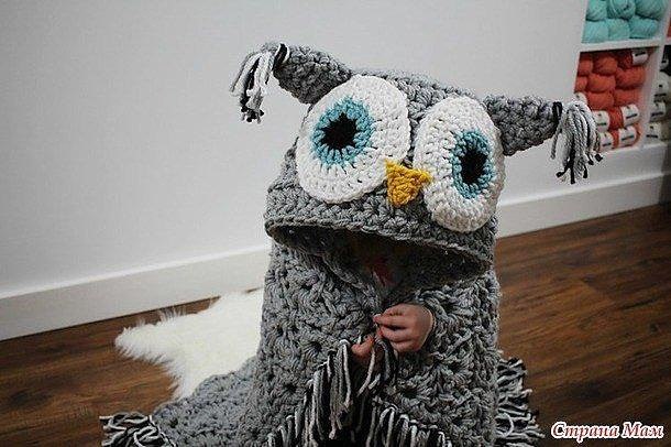 Плед с капюшоном-совушкой крючком из толстой пряжи