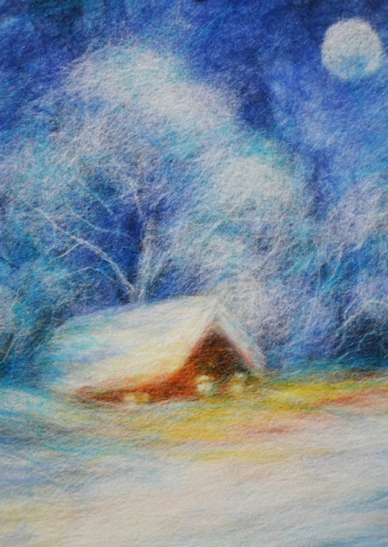 Шерстяная акварель: зимний домик в деревне