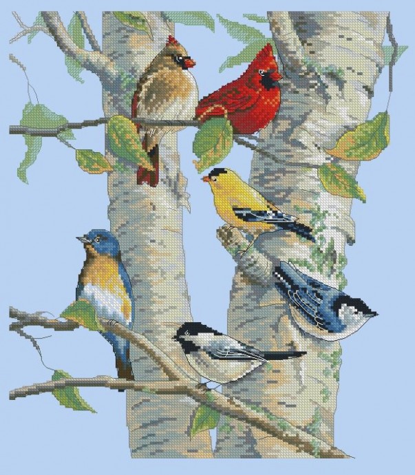 ​Вышиваем стаю птичек на дереве