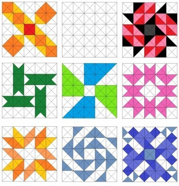 Образцы лоскутных блоков с использованием квадратов и треугольников