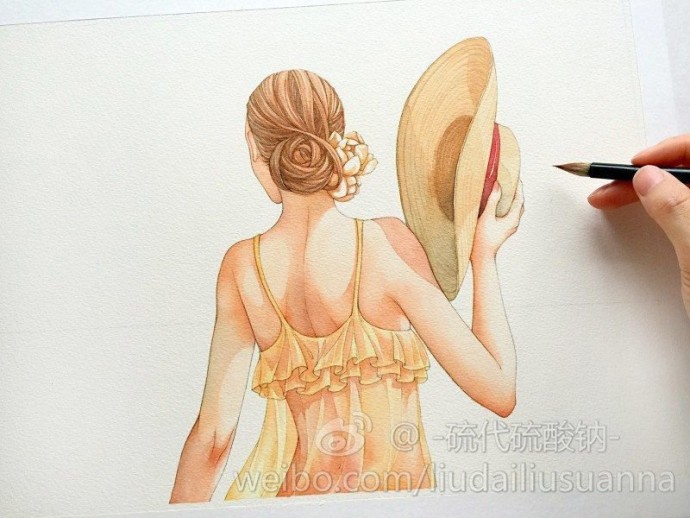 Урок рисования акварелью: девушка со шляпой у кромки моря