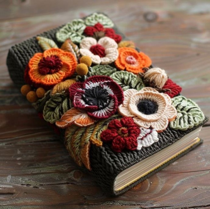 Обложка ежедневника с вязаными цветами
