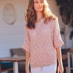 Пуловер с рукавами "Летучая мышь" и с узором с ажурными ромбами