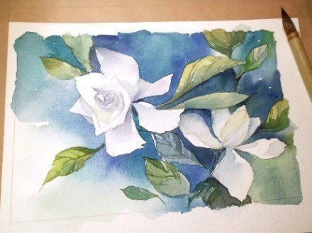 Ветка белых цветов акварелью