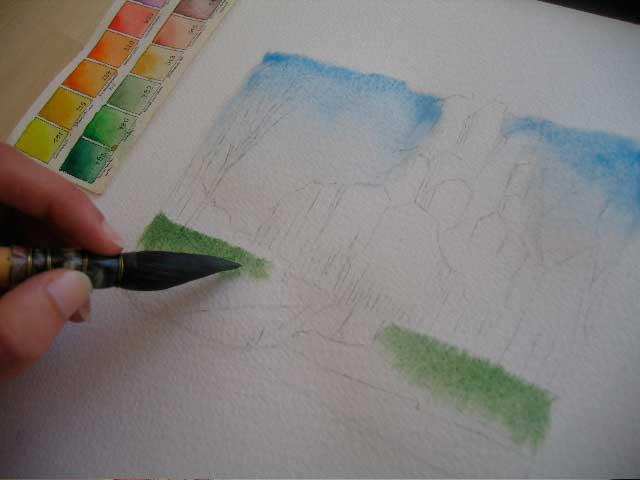 Плакучая ива акварелью