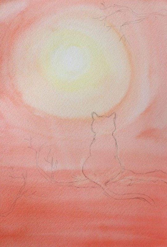 Чёрный кот акварелью