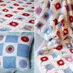 Подушка и покрывало из квадратных мотивов