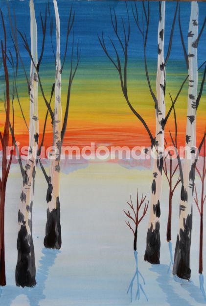 ​Рисуем березы на фоне красочного заката