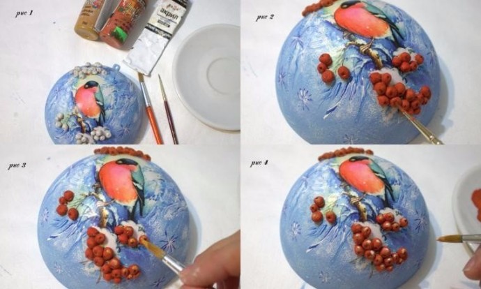 Новогодний шарик "Снегирь и рябина"