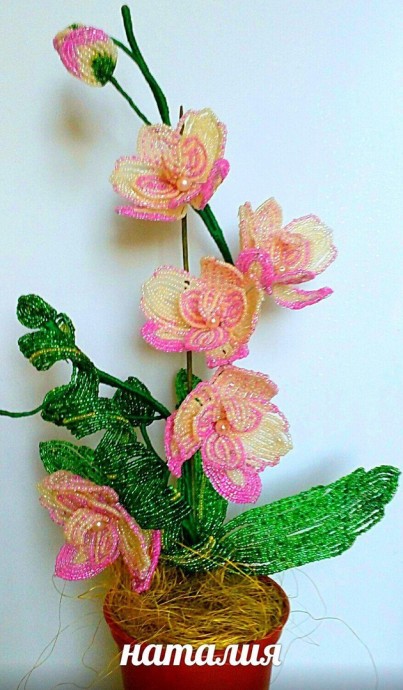 Бело-розовая орхидея из бисера