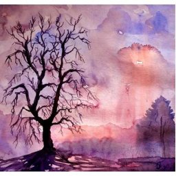 Рисуем печальное дерево на фоне грозового неба