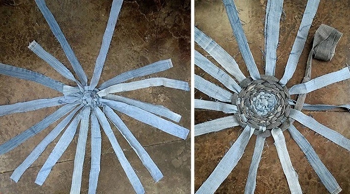 Плетёная корзина из старых джинсов Плетёная корзина из старых джинсов