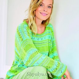 Двухцветный ажурный пуловер из вискозы и льна