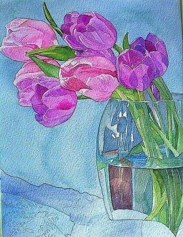 Пишем тюльпаны акварелью