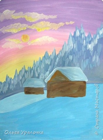 ​Рисуем северное сияние над заснеженными домами