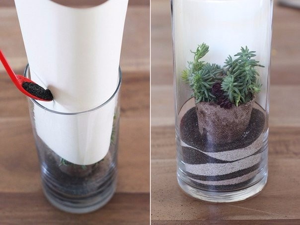 ​Красивый декор с суккулентами и цветным песком