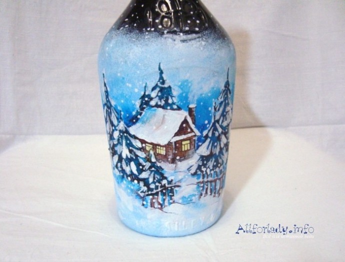 Роспись по стеклу акриловыми красками бутылки "Снежный домик"