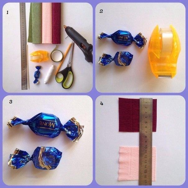 Корзина с цветами-конфетами из гофрированной бумаги