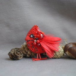 Брошь птичка "Красный Кардинал"