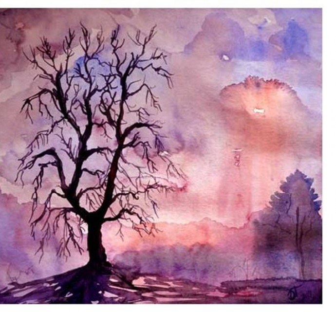 Рисуем печальное дерево на фоне грозового неба