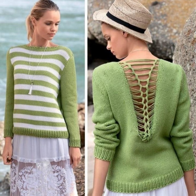 Идея летнего пуловера с вырезом на спине и интересным декором
