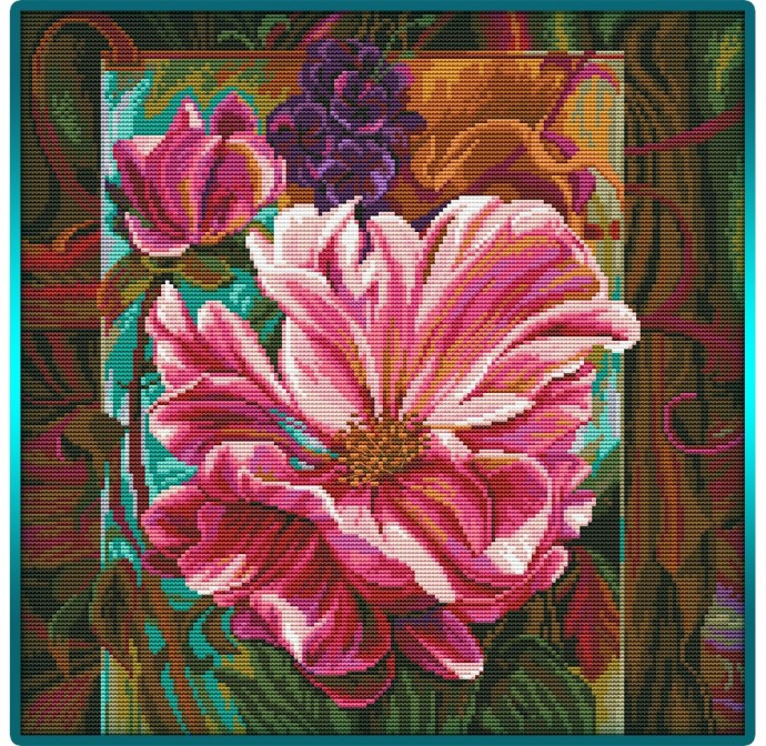 ​Вышивка крестом: яркий цветок на пестром фоне