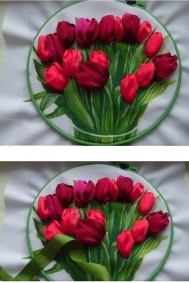 Букет тюльпанов, вышитый атласными лентами
