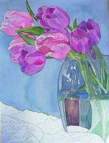 Пишем тюльпаны акварелью