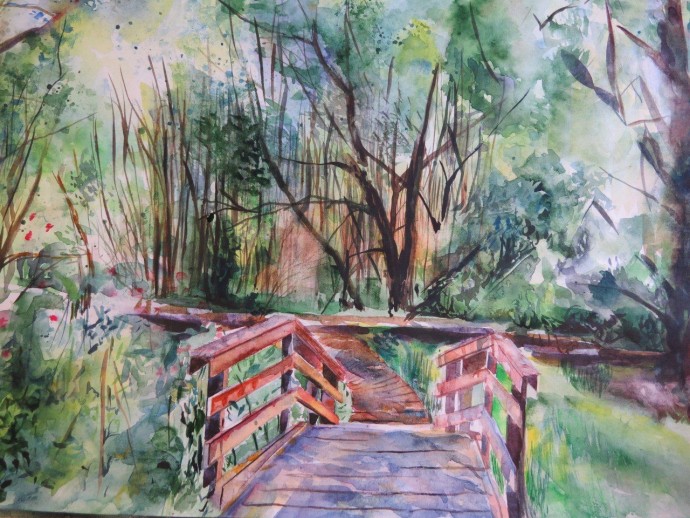 Рисуем пейзаж с деревянным мостиком