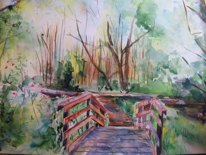 Рисуем пейзаж с деревянным мостиком