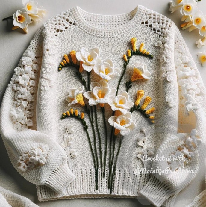 Вязаные цветы на пуловерах