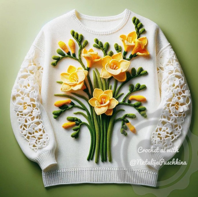 Вязаные цветы на пуловерах