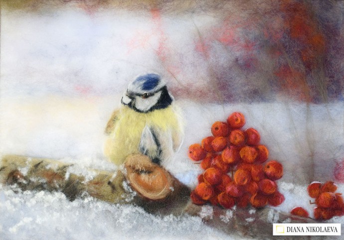 Создаем из шерсти картину "Синица"