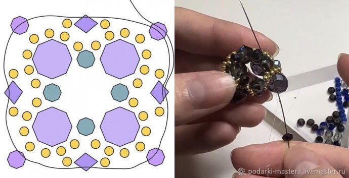 ​Новогодний шар с оплетёнными бисером кристаллами риволи: часть 5