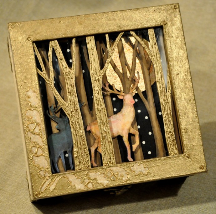 Декор шкатулки с двойной крышкой "Золотой волшебный лес": часть 4