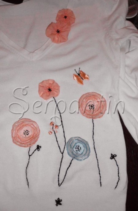 Декорирование джемпера цветами и лентами Декорирование джемпера цветами и лентами