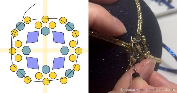 ​Новогодний шар с оплетёнными бисером кристаллами риволи: часть 7