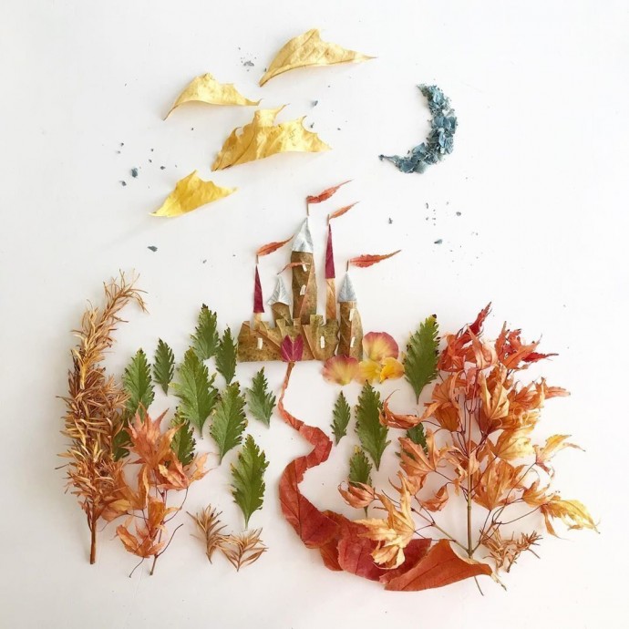 Прекрасные работы из лепестков цветов и листьев Прекрасные работы из лепестков цветов и листьев