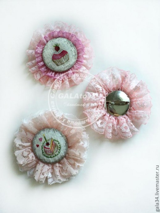 ​Броши из натурального льна и кружева, с элементами декупажа