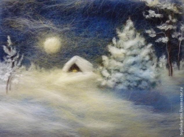 Рисуем шерстью картину "Зимняя ночь": часть 3