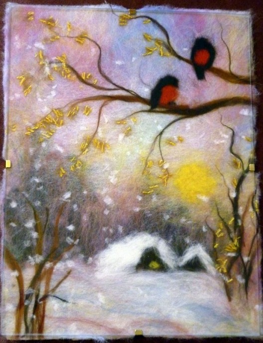 Рисуем шерстью картину "Зимняя ночь": часть 3