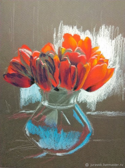 ​Весенний натюрморт с красными тюльпанами на окне: рисуем пастелью