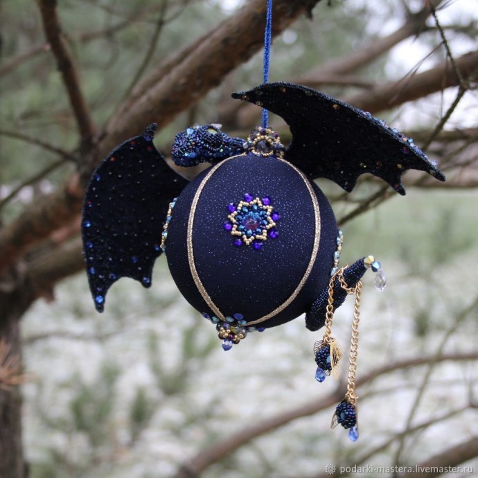 ​Новогодний шар с оплетёнными бисером кристаллами риволи: часть 1