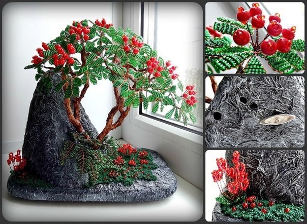 Бонсай "Рябина" из бисера и рубки Бонсай "Рябина" из бисера и рубки