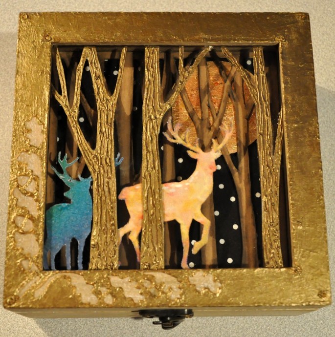 Декор шкатулки с двойной крышкой "Золотой волшебный лес": часть 2