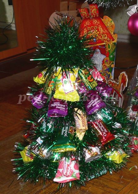 Делаем ёлочку из конфет и мишуры к новому году