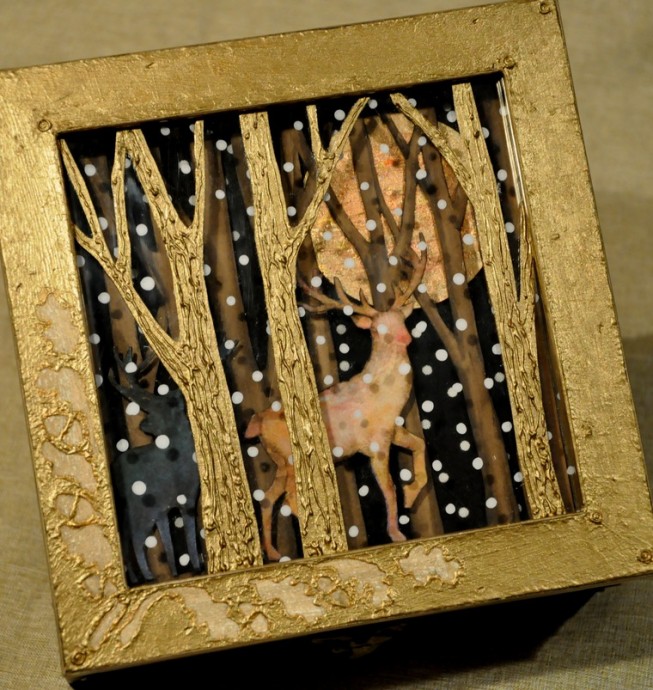 Декор шкатулки с двойной крышкой "Золотой волшебный лес": часть 4