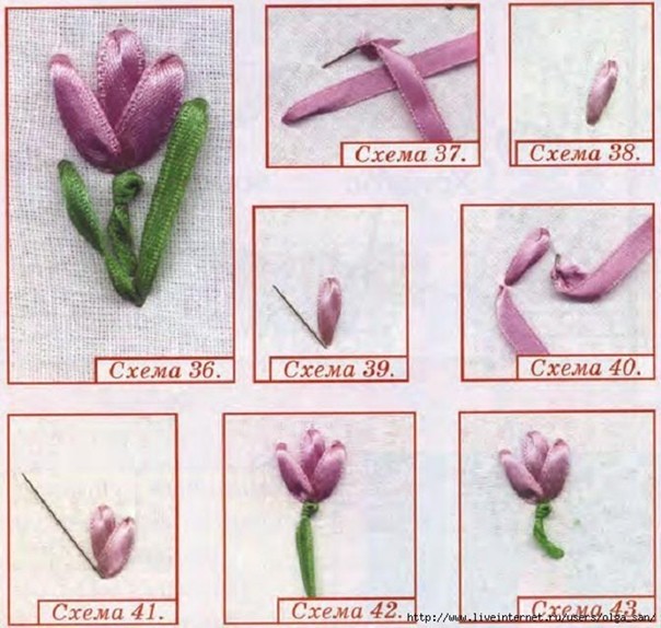 ​Вышиваем объёмные цветочки из атласных лент