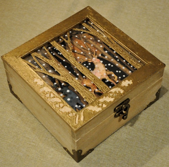 Декор шкатулки с двойной крышкой "Золотой волшебный лес": часть 3